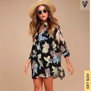 Lulus Sheer Black Tropical Print Shirt Dress